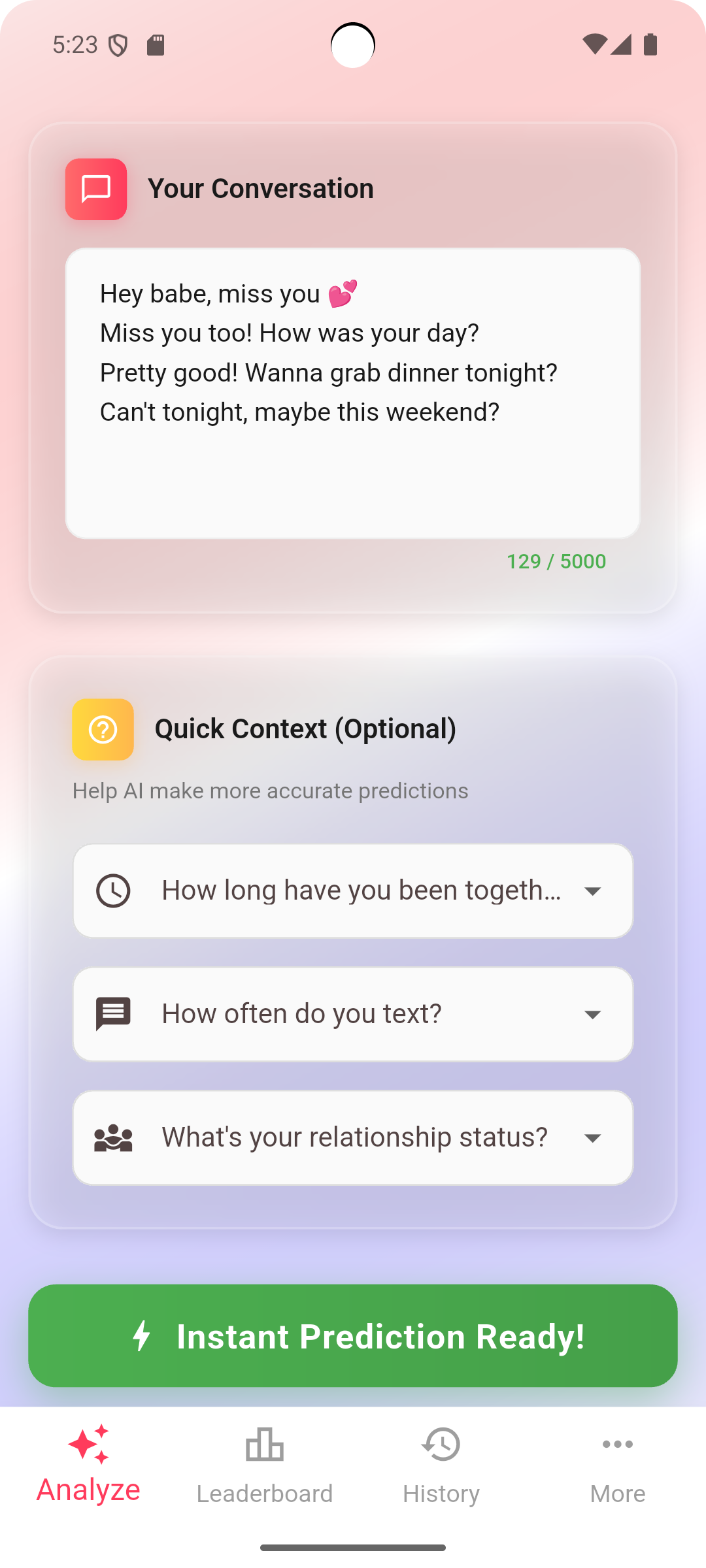 Analyze screen showing paste ready to analyze conversations